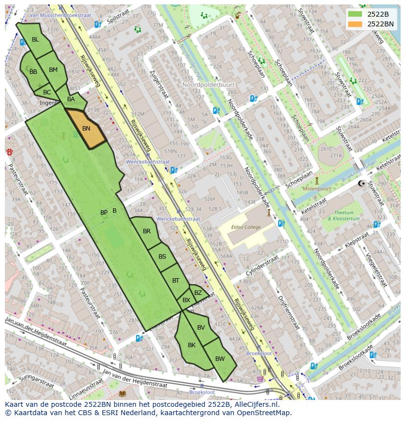 Afbeelding van het postcodegebied 2522 BN op de kaart.