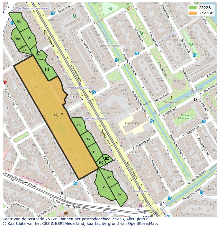 Afbeelding van het postcodegebied 2522 BP op de kaart.
