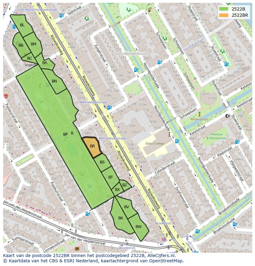 Afbeelding van het postcodegebied 2522 BR op de kaart.