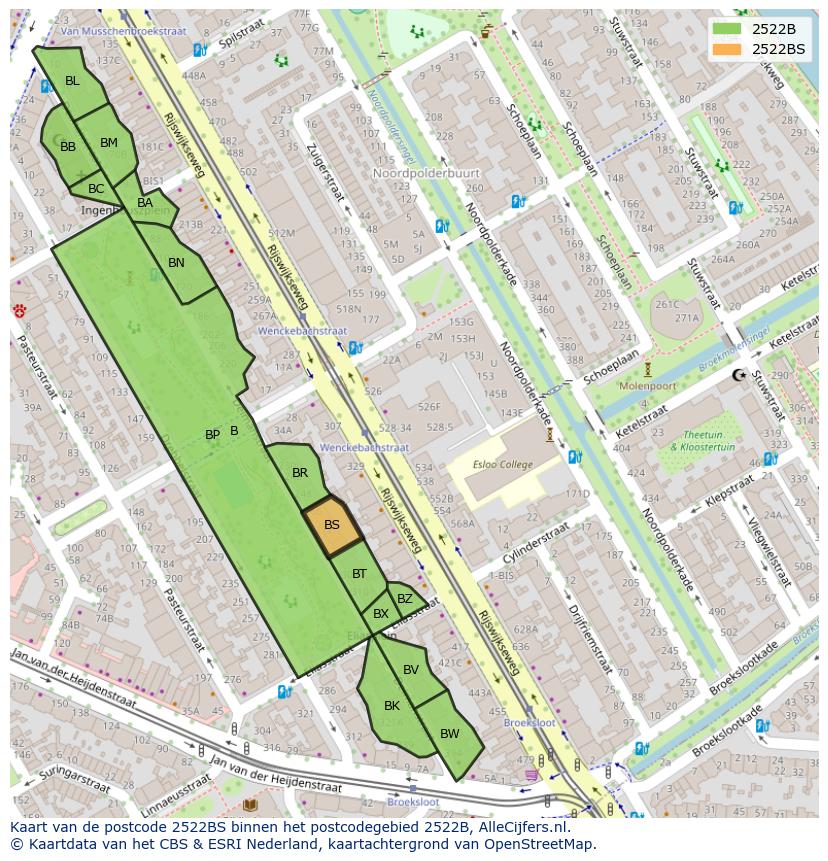 Afbeelding van het postcodegebied 2522 BS op de kaart.