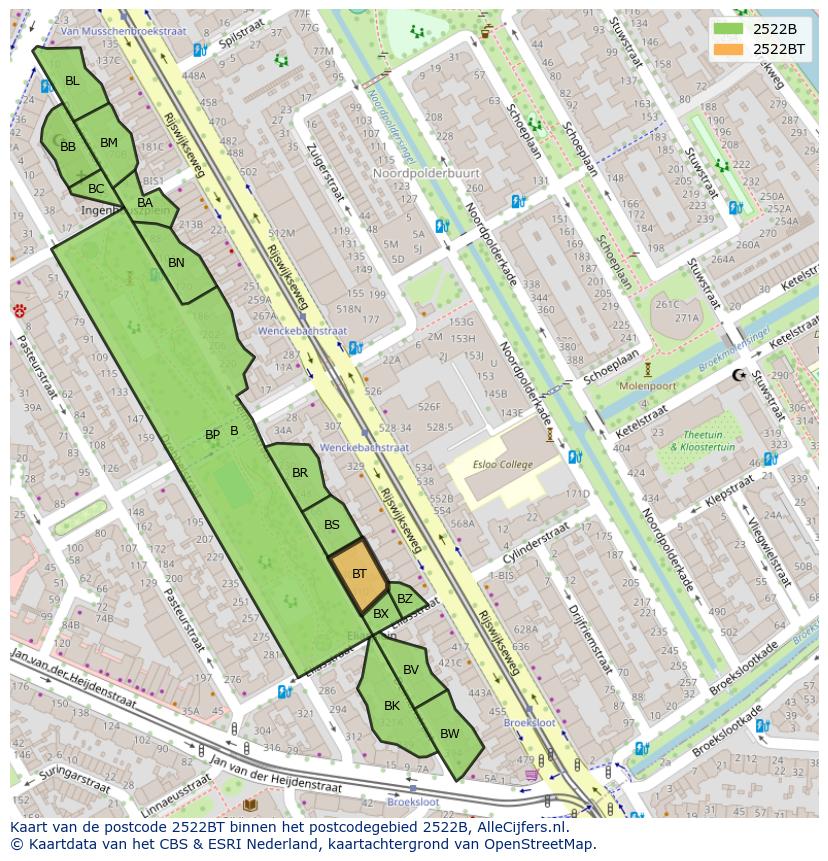Afbeelding van het postcodegebied 2522 BT op de kaart.