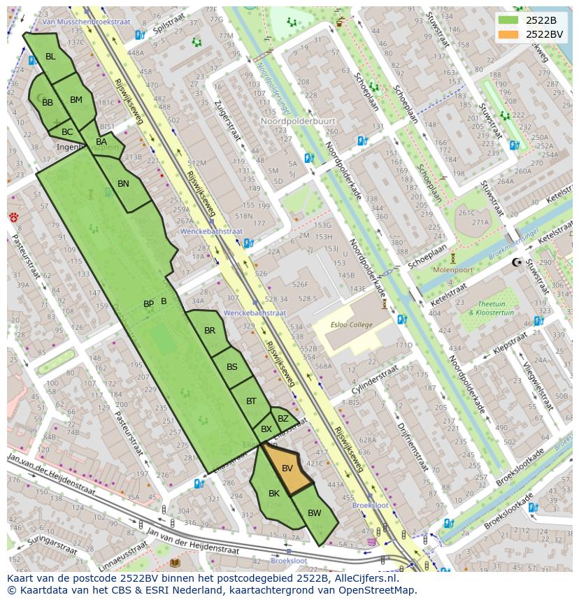 Afbeelding van het postcodegebied 2522 BV op de kaart.