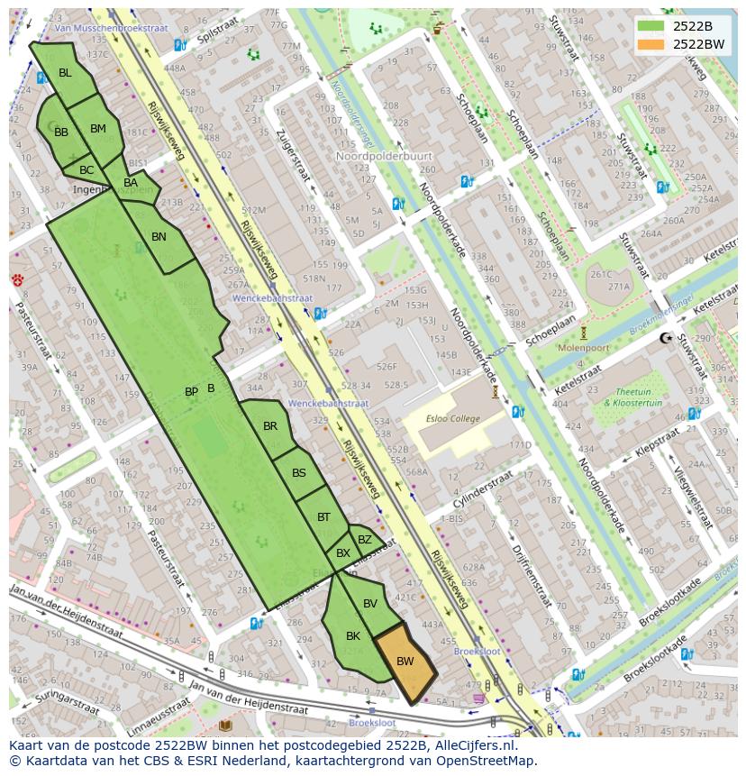 Afbeelding van het postcodegebied 2522 BW op de kaart.