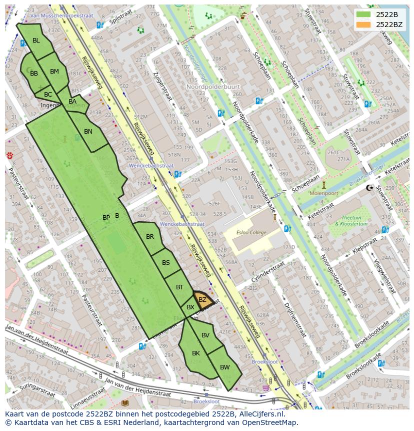 Afbeelding van het postcodegebied 2522 BZ op de kaart.