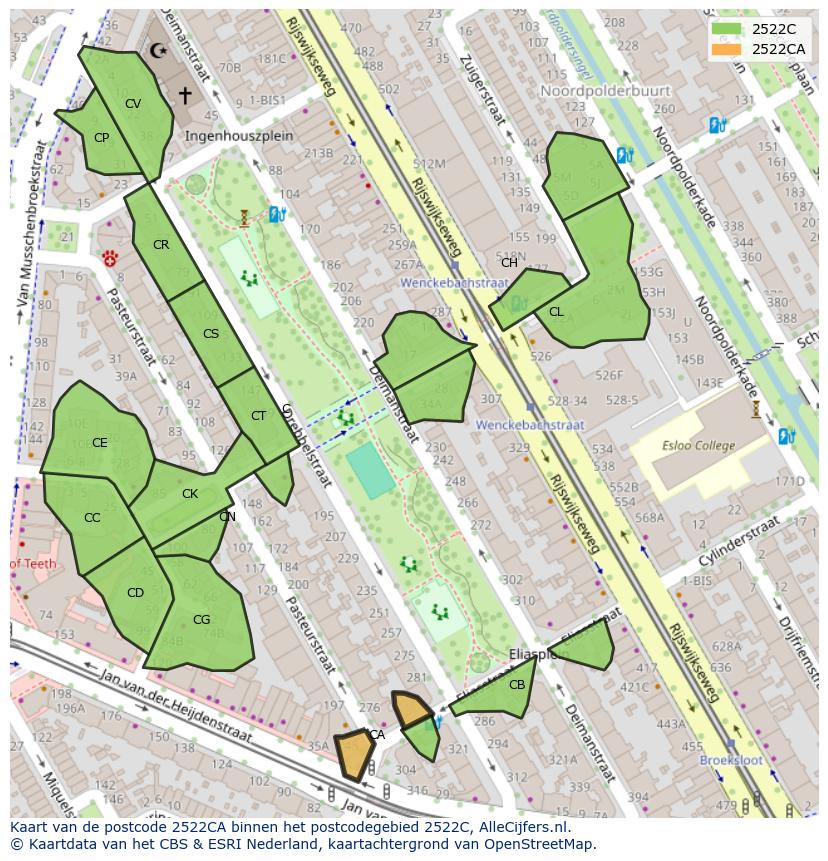 Afbeelding van het postcodegebied 2522 CA op de kaart.