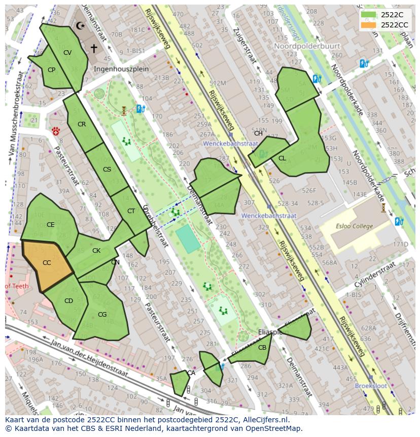 Afbeelding van het postcodegebied 2522 CC op de kaart.