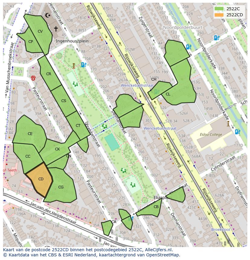 Afbeelding van het postcodegebied 2522 CD op de kaart.