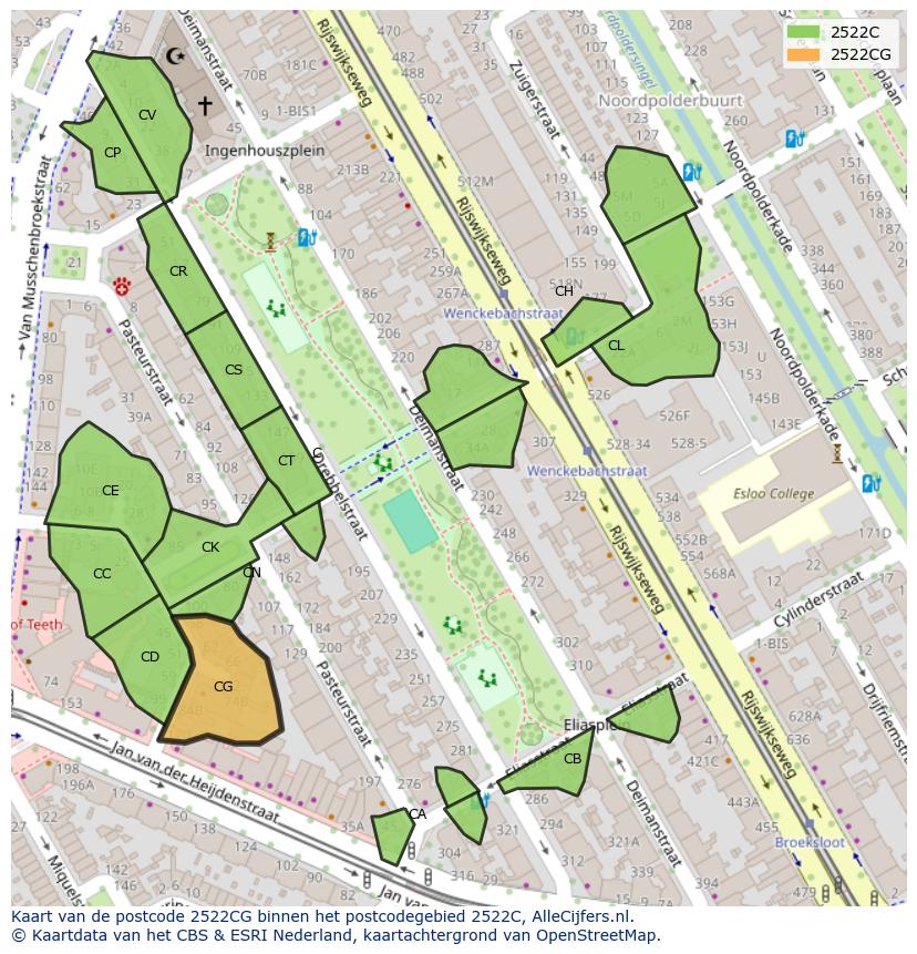 Afbeelding van het postcodegebied 2522 CG op de kaart.