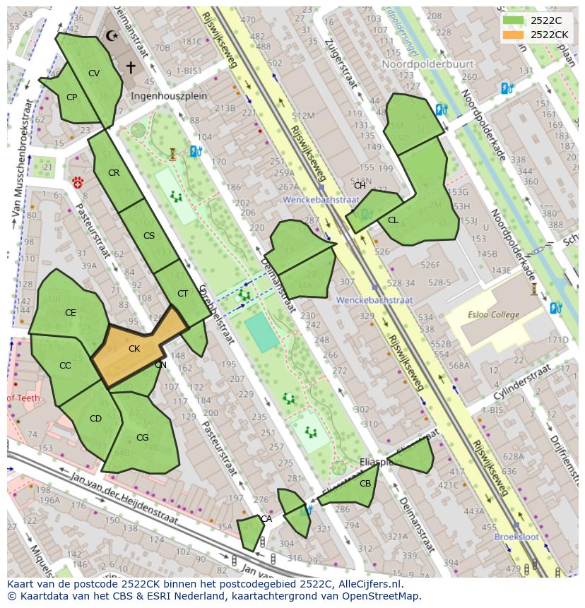 Afbeelding van het postcodegebied 2522 CK op de kaart.