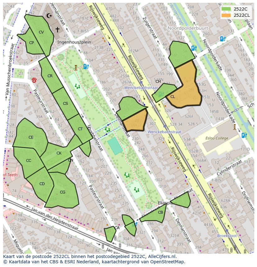 Afbeelding van het postcodegebied 2522 CL op de kaart.