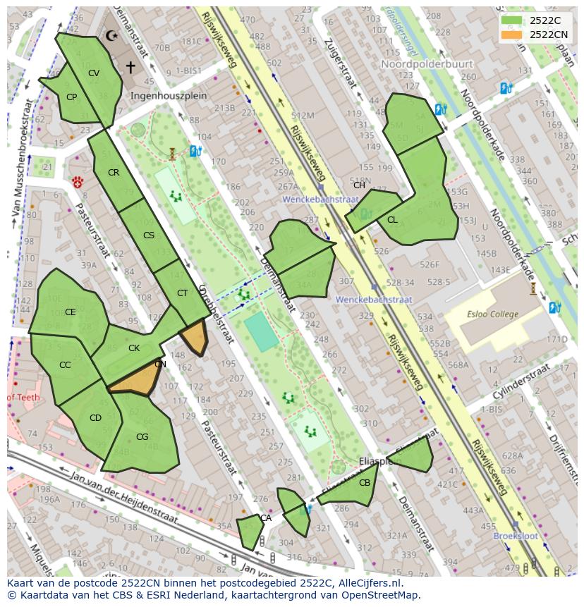 Afbeelding van het postcodegebied 2522 CN op de kaart.