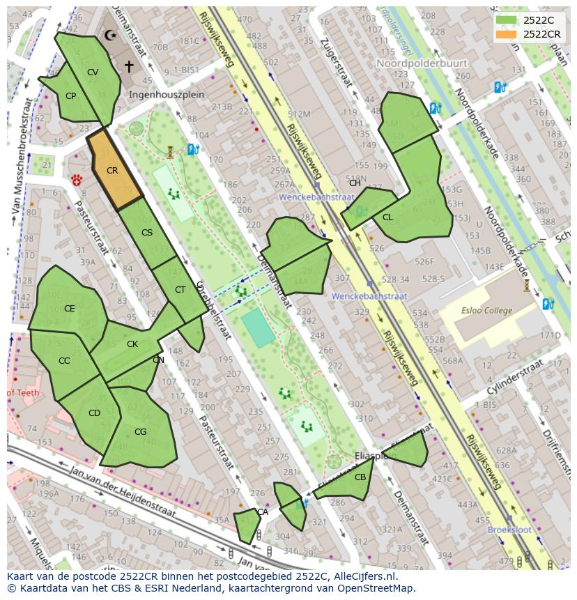 Afbeelding van het postcodegebied 2522 CR op de kaart.