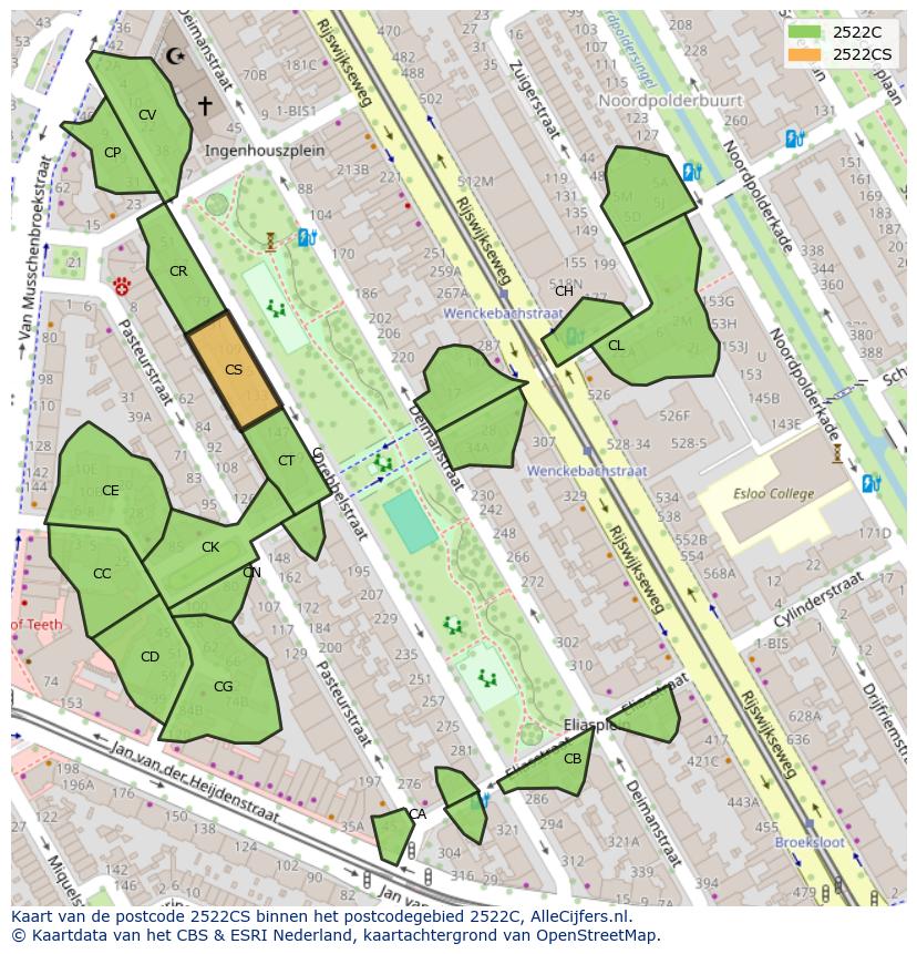 Afbeelding van het postcodegebied 2522 CS op de kaart.