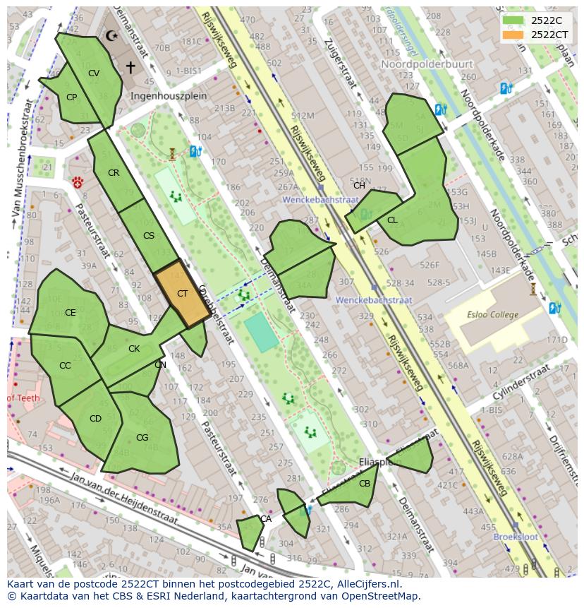 Afbeelding van het postcodegebied 2522 CT op de kaart.
