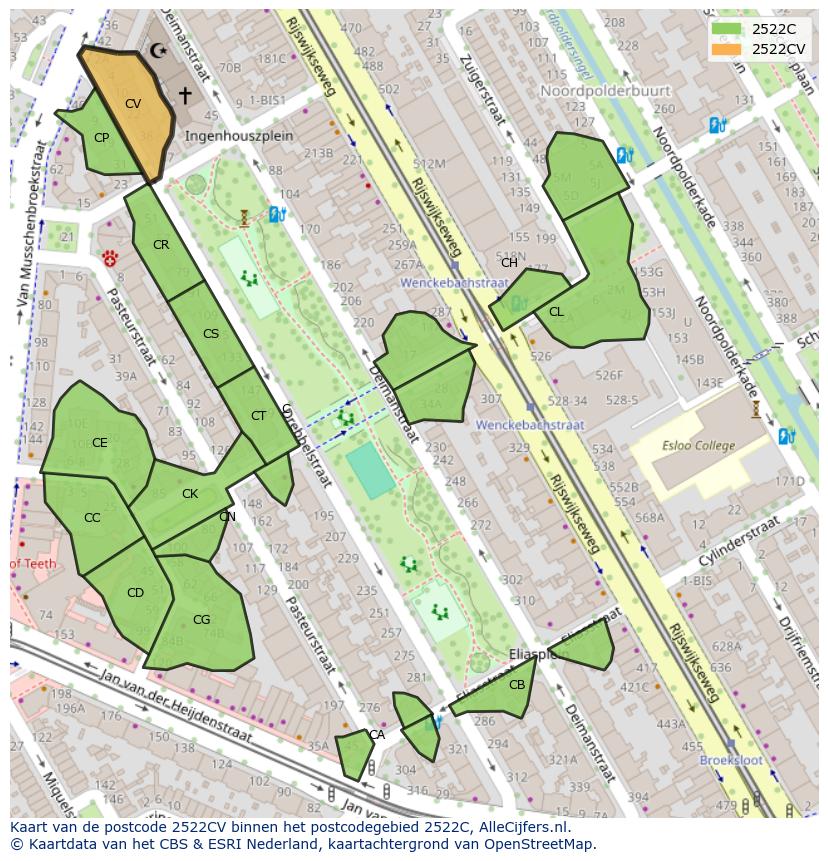 Afbeelding van het postcodegebied 2522 CV op de kaart.