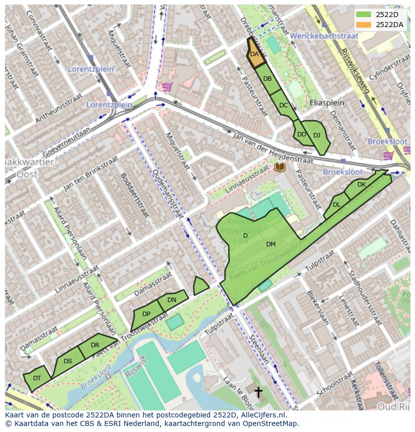 Afbeelding van het postcodegebied 2522 DA op de kaart.