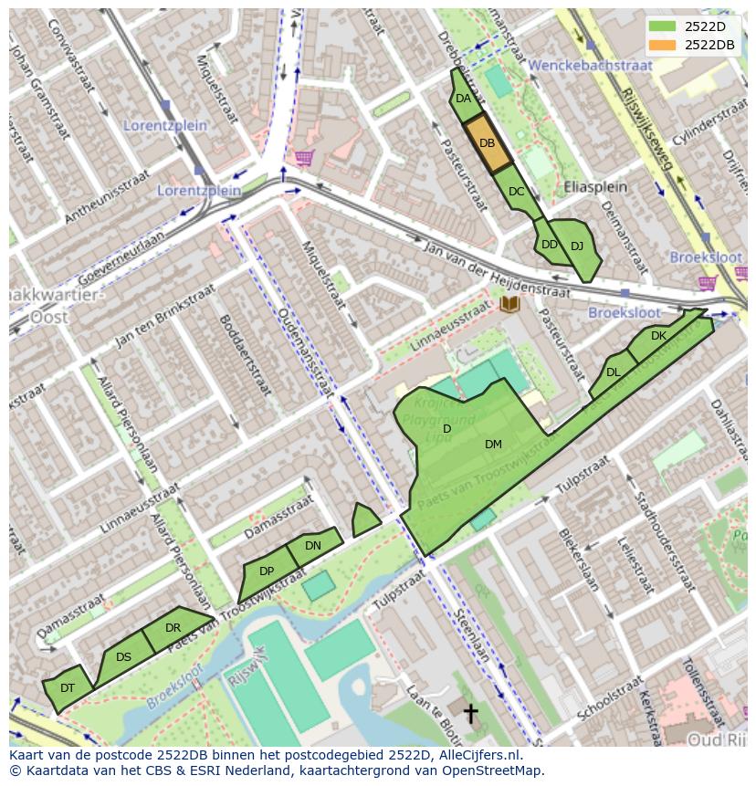 Afbeelding van het postcodegebied 2522 DB op de kaart.