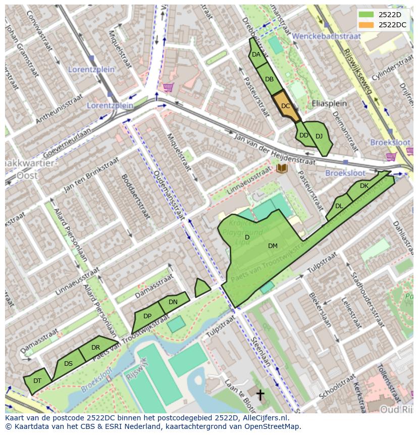 Afbeelding van het postcodegebied 2522 DC op de kaart.