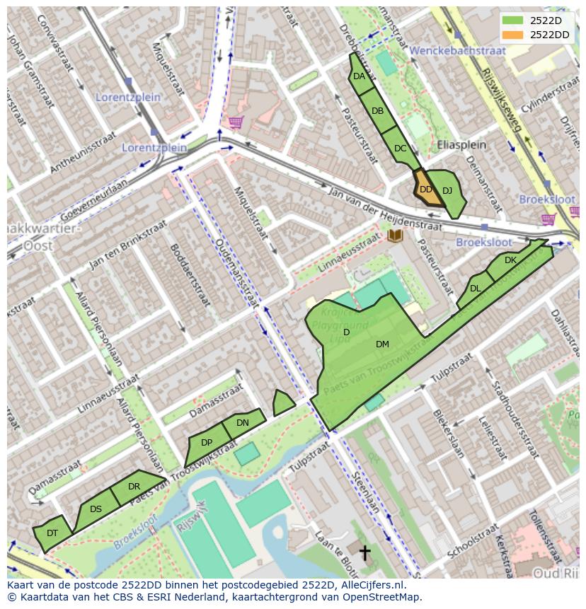Afbeelding van het postcodegebied 2522 DD op de kaart.