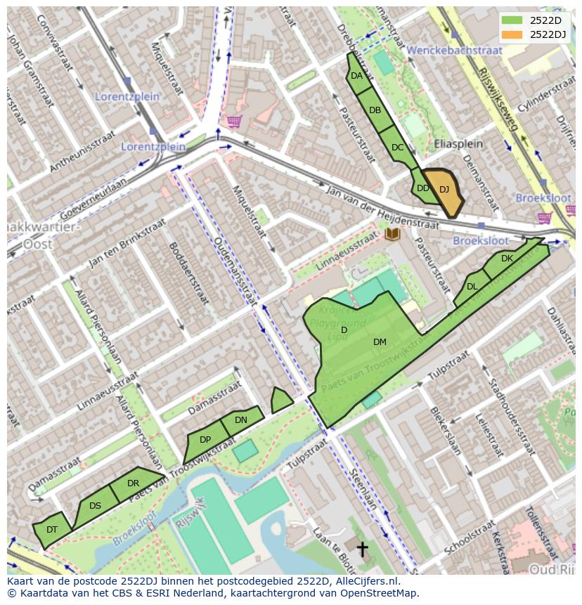 Afbeelding van het postcodegebied 2522 DJ op de kaart.