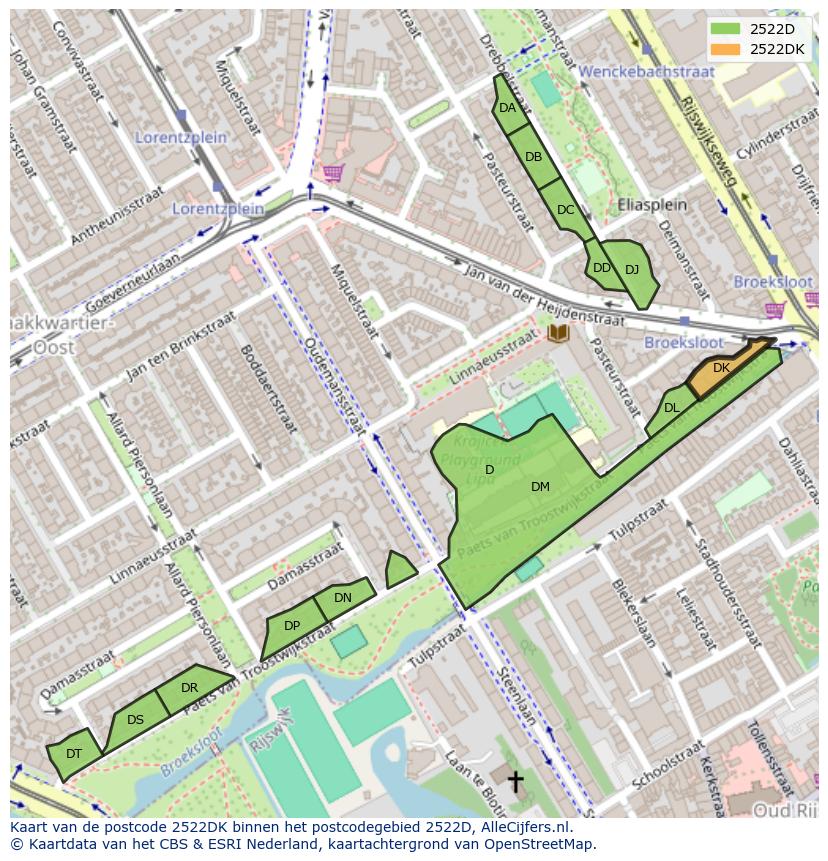 Afbeelding van het postcodegebied 2522 DK op de kaart.