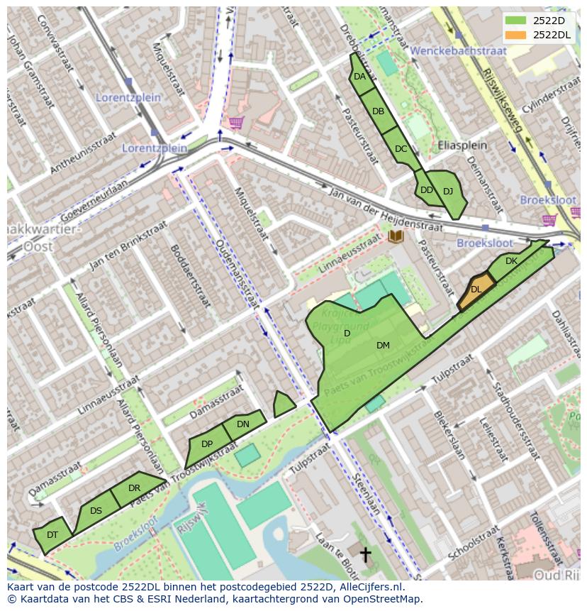 Afbeelding van het postcodegebied 2522 DL op de kaart.