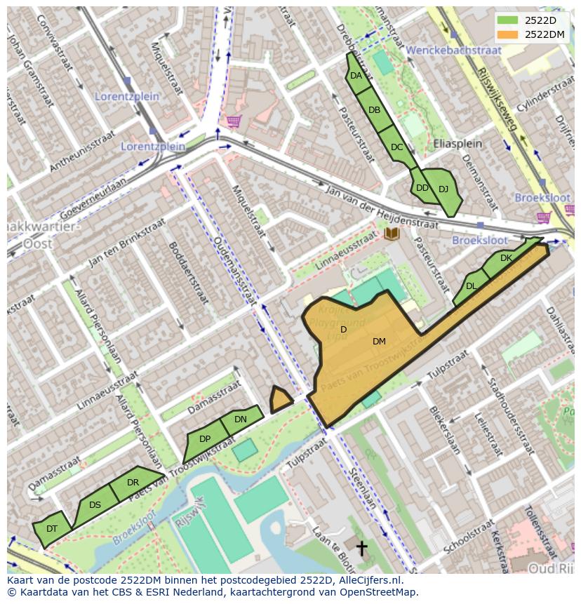 Afbeelding van het postcodegebied 2522 DM op de kaart.