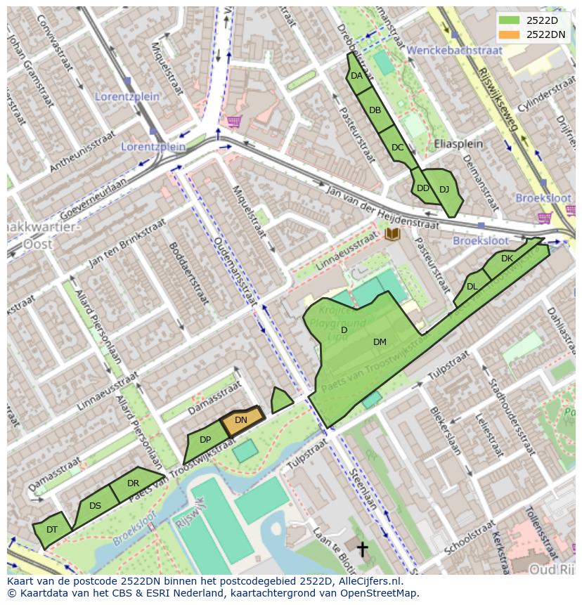 Afbeelding van het postcodegebied 2522 DN op de kaart.