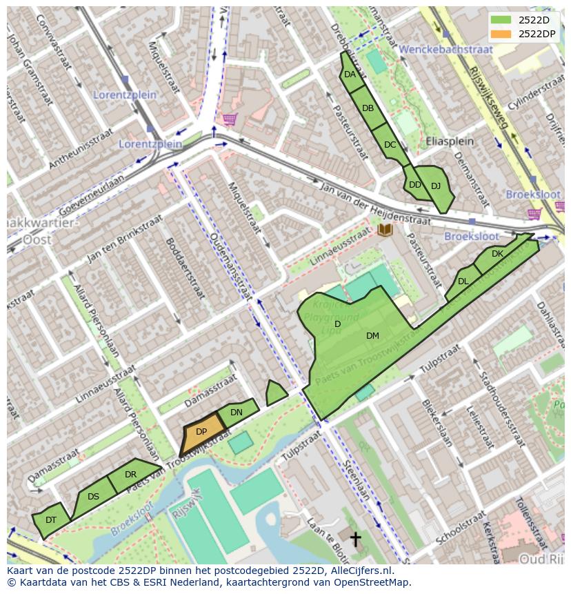 Afbeelding van het postcodegebied 2522 DP op de kaart.