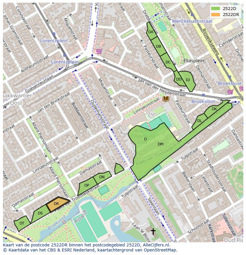 Afbeelding van het postcodegebied 2522 DR op de kaart.