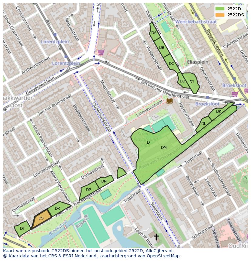 Afbeelding van het postcodegebied 2522 DS op de kaart.