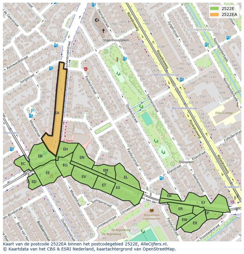 Afbeelding van het postcodegebied 2522 EA op de kaart.