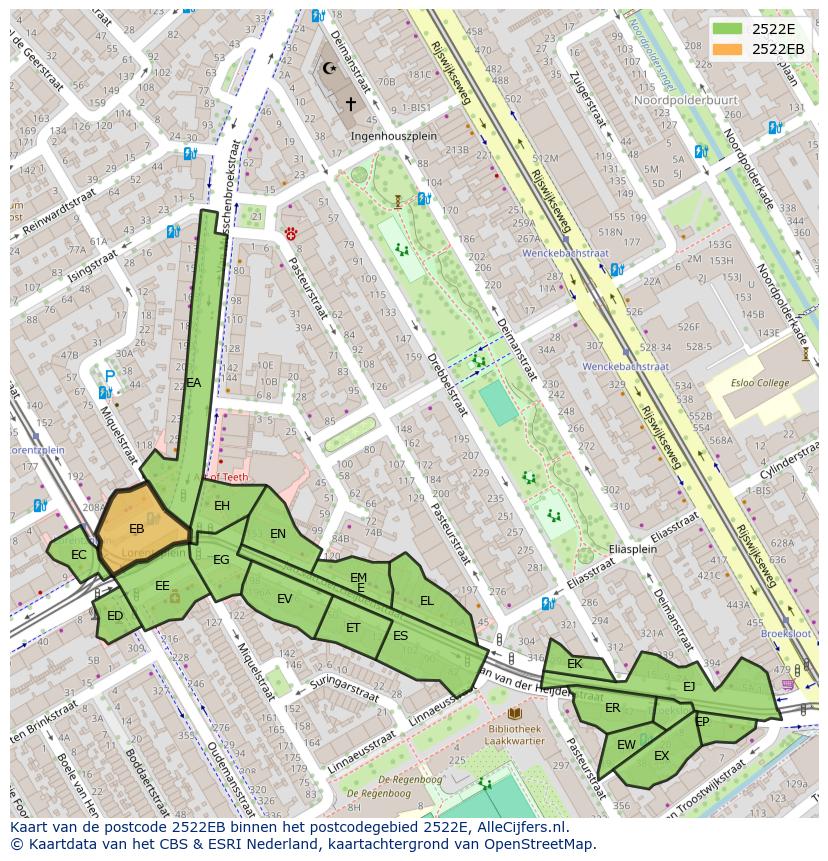 Afbeelding van het postcodegebied 2522 EB op de kaart.