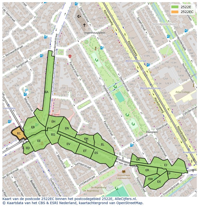Afbeelding van het postcodegebied 2522 EC op de kaart.