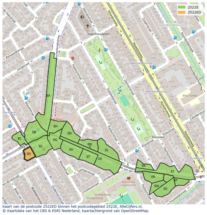 Afbeelding van het postcodegebied 2522 ED op de kaart.