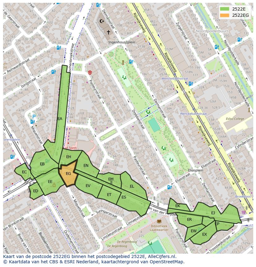 Afbeelding van het postcodegebied 2522 EG op de kaart.