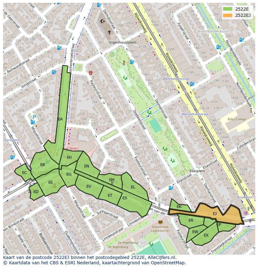 Afbeelding van het postcodegebied 2522 EJ op de kaart.