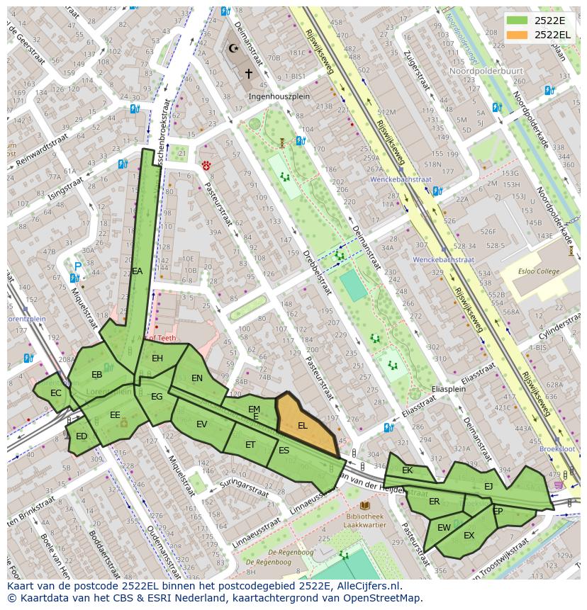 Afbeelding van het postcodegebied 2522 EL op de kaart.