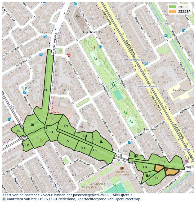 Afbeelding van het postcodegebied 2522 EP op de kaart.