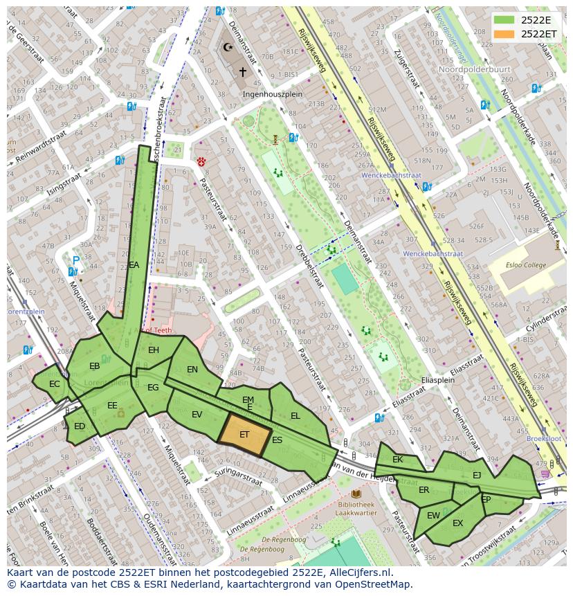 Afbeelding van het postcodegebied 2522 ET op de kaart.