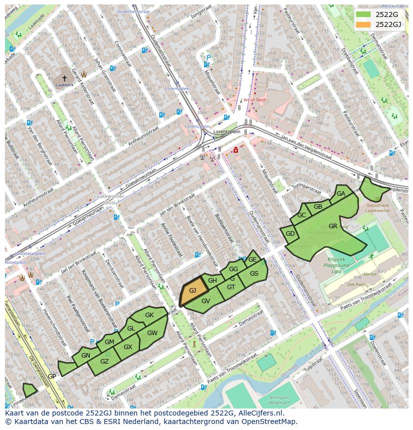 Afbeelding van het postcodegebied 2522 GJ op de kaart.
