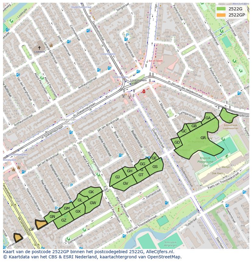 Afbeelding van het postcodegebied 2522 GP op de kaart.