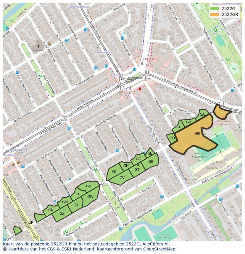 Afbeelding van het postcodegebied 2522 GR op de kaart.