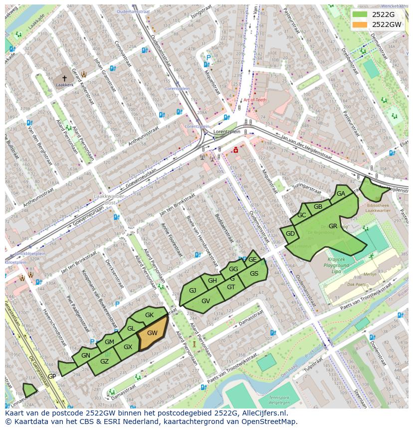 Afbeelding van het postcodegebied 2522 GW op de kaart.