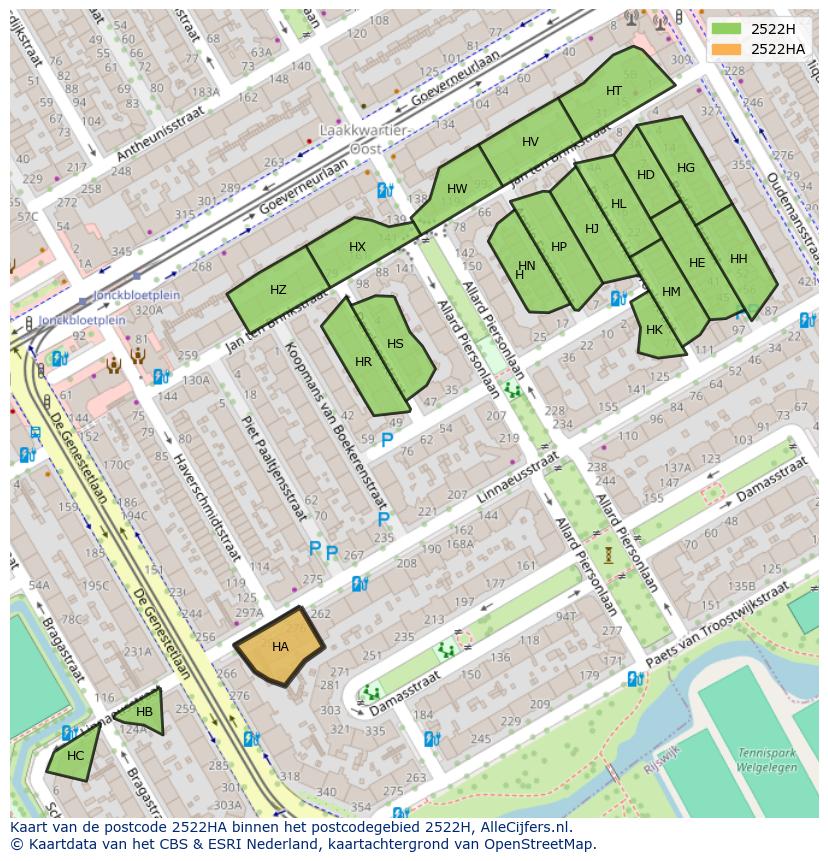Afbeelding van het postcodegebied 2522 HA op de kaart.