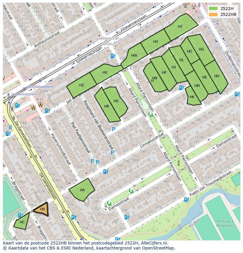 Afbeelding van het postcodegebied 2522 HB op de kaart.