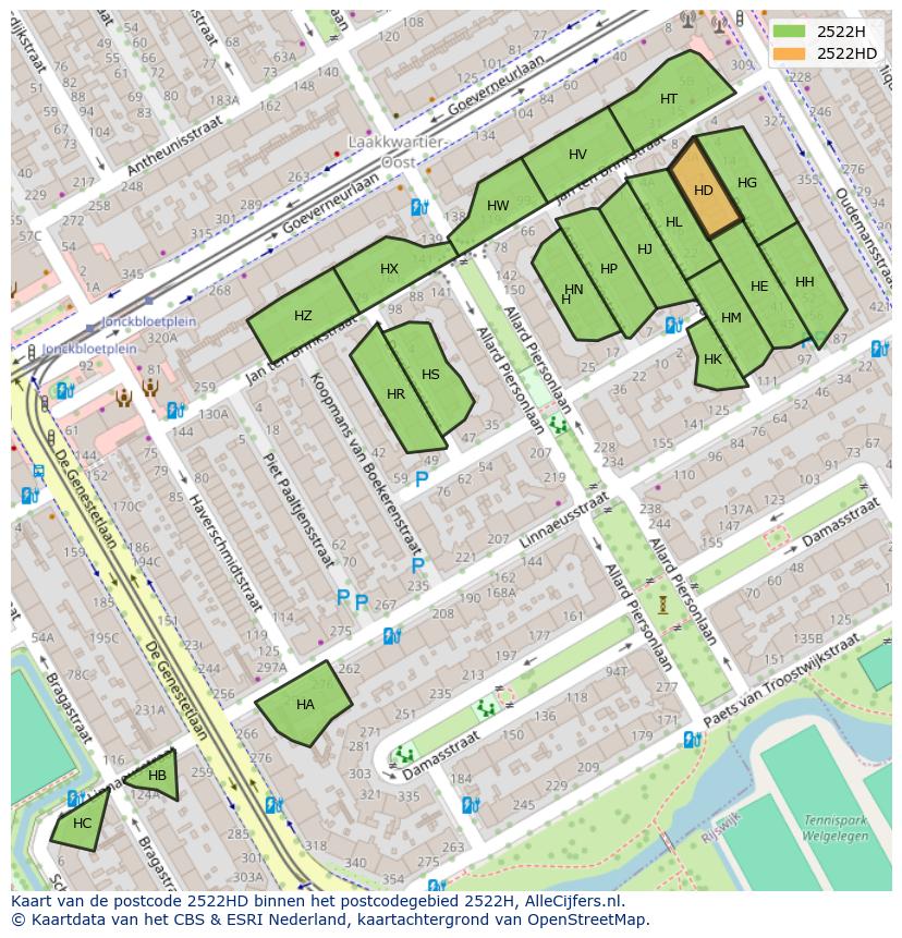 Afbeelding van het postcodegebied 2522 HD op de kaart.
