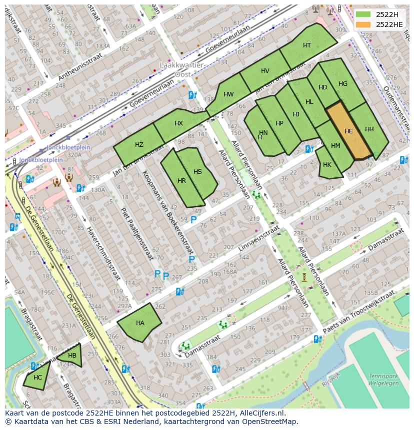 Afbeelding van het postcodegebied 2522 HE op de kaart.