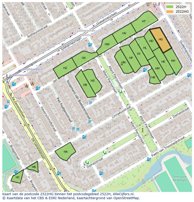 Afbeelding van het postcodegebied 2522 HG op de kaart.
