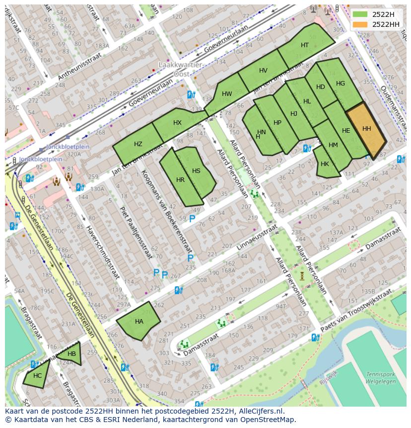 Afbeelding van het postcodegebied 2522 HH op de kaart.